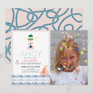 Ahoy Lighthouse Nautical Pink Girl Foto Geburtstag Einladung