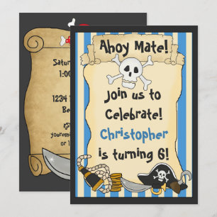 Ahoy Mate! Pirate Skull n Crossbones Blue Birthday Einladung