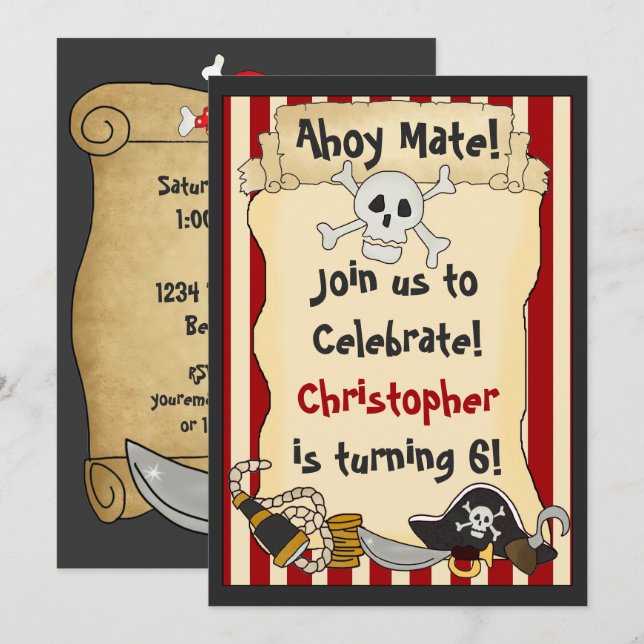 Ahoy Mate! Pirate Skull n Crossbones Red Birthday Einladung (Vorne/Hinten)