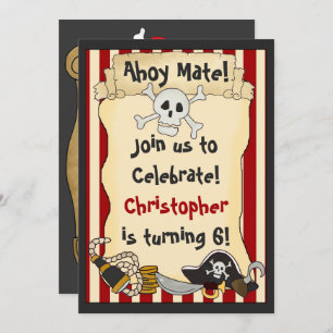 Ahoy Mate! Pirate Skull n Crossbones Red Birthday Einladung