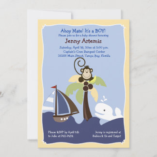 Ahoy Mate Whale, Sailboat & Monkey Einladung 12x18