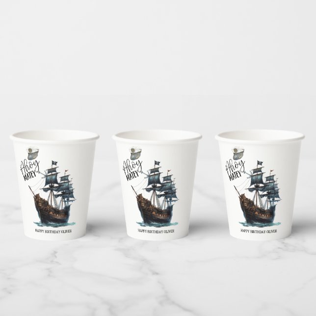 Ahoy Matey! Black Pirate Ship Birthday Pappbecher (Multi)