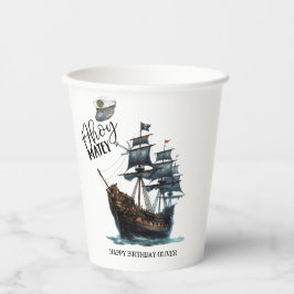 Ahoy Matey! Black Pirate Ship Birthday Pappbecher