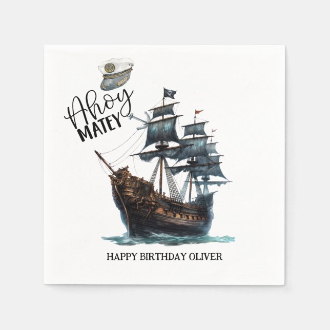Ahoy Matey! Black Pirate Ship Birthday Serviette (Vorderseite)