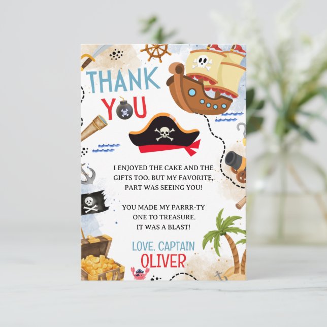 Ahoy Matey Pirate Birthday Thank You Card Dankeskarte (Stehend Vorderseite)