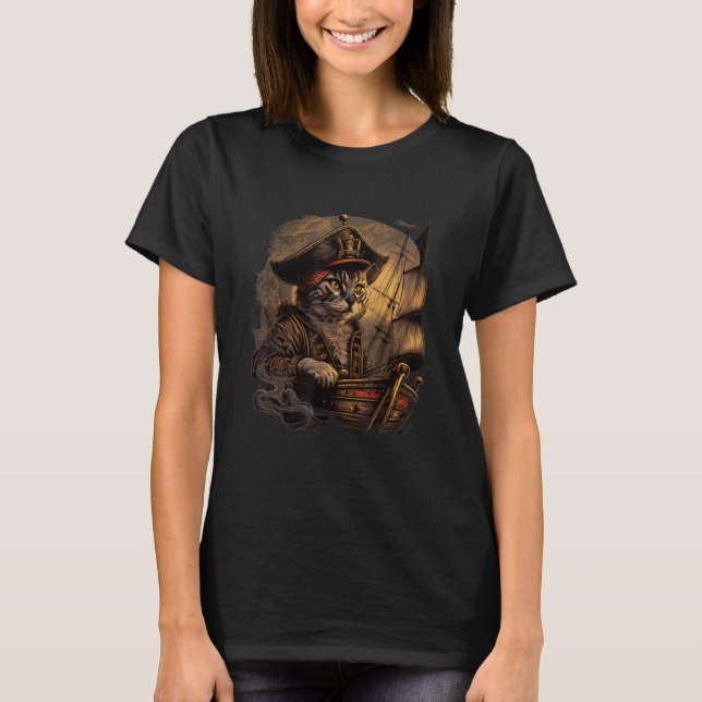Ahoy, Matey! Pirate Cat Design mit Schiff und Joll T-Shirt (Vorderseite)