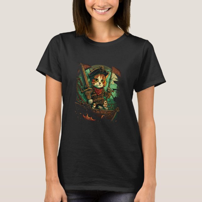Ahoy, Matey! Pirate Cat Design with Ship and Jolly T-Shirt (Vorderseite)