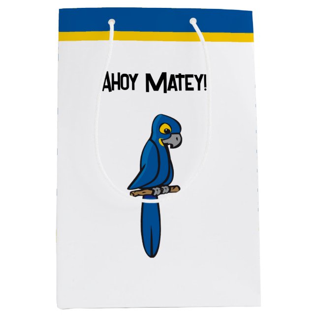 Ahoy Matey Pirate Parrot Cartoon, Funny Macaw Bird Mittlere Geschenktüte (Vorderseite)