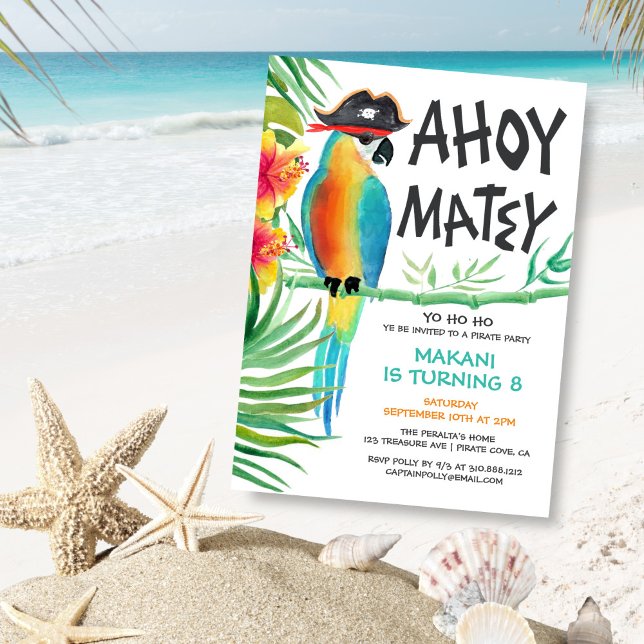 Ahoy Matey Pirate Parrot Tropical Birthday Einladung (Von Creator hochgeladen)
