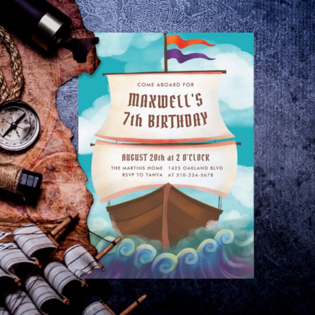 Ahoy Matey Pirate Ship Birthday Party Einladung (Von Creator hochgeladen)