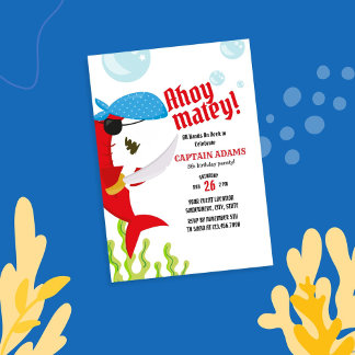 Ahoy Matey! Red Shark Pirate Birthday Einladung