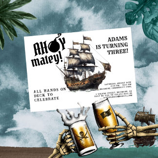Ahoy Matey! White Pirate Ship Birthday Einladung