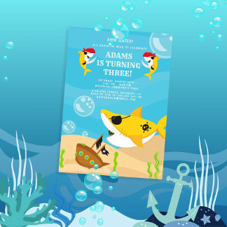 Ahoy Matey! Yellow Shark Pirate Under Sea Birthday Einladung