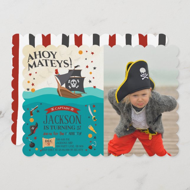 Ahoy Mateys Pirate Birthday Foto Einladung (Vorne/Hinten)