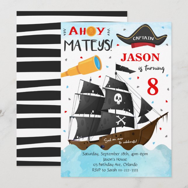 Ahoy Mateys Pirate Birthday Invite Einladung (Vorne/Hinten)