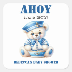 Ahoy Nautical Blue Sailor Bear Boy Baby Dusche Quadratischer Aufkleber