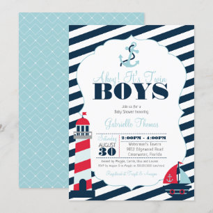 Ahoy Nautical Navy Blue Twin Boy Baby Dusche Einladung