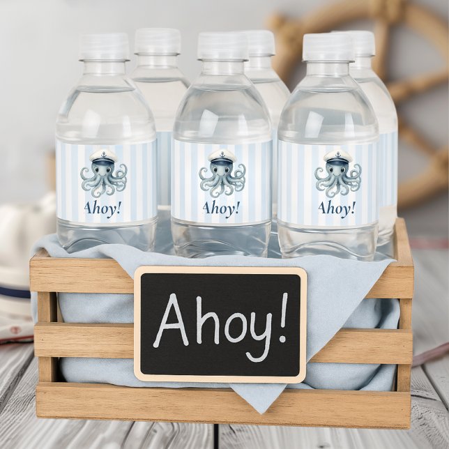 Ahoy Nautical Octopus | Ocean Birthday Wasserflaschenetikett (Von Creator hochgeladen)