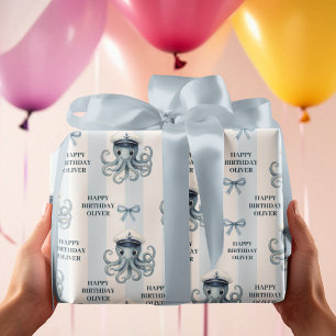 Ahoy Nautical Octopus Personalisiert Geburtstag Geschenkpapier