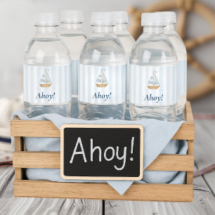 Ahoy Nautical Pastel Blue Sailboat Birthday Wasserflaschenetikett