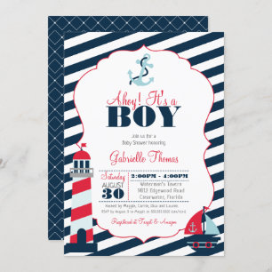 Ahoy Nautical Red Navy Stripe Boy Baby Dusche Einladung