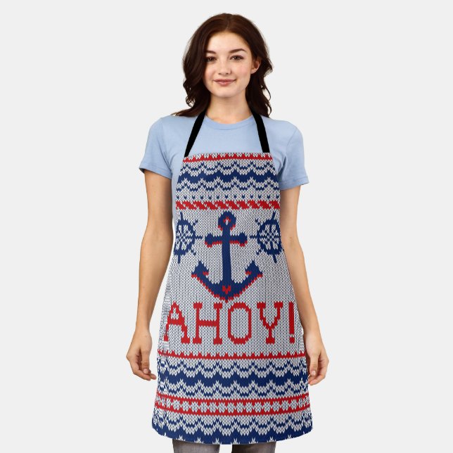 Ahoy Nautical Ugly Christmas Sweater Style Schürze (Getragen)