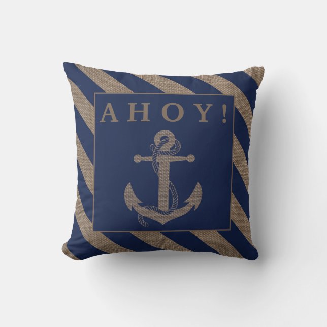Ahoy! Nautische Anker Navy Blue & Burlap Streifen Kissen (Vorderseite)