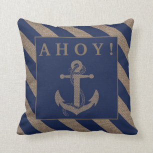 Ahoy! Nautische Anker Navy Blue & Burlap Streifen Kissen