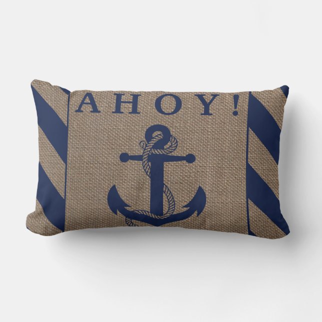 Ahoy! Nautische Anker Navy Blue & Burlap Streifen Lendenkissen (Vorderseite)