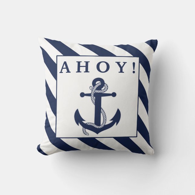 Ahoy! Nautische Anker Navy Blue & White Streifen Kissen (Vorderseite)