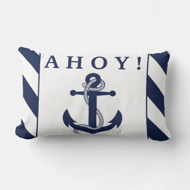 Ahoy! Nautische Anker Navy Blue & White Streifen Lendenkissen (Vorderseite)