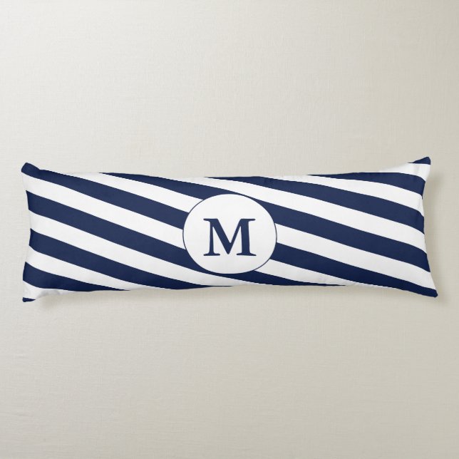 Ahoy! Nautische Monogramm Navy Blue & White Streif Seitenschläferkissen (Rückseite)