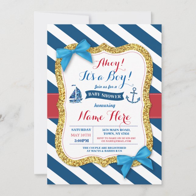 Ahoy Sailor Anchor Baby Shower Blue Boy Einladung (Vorderseite)