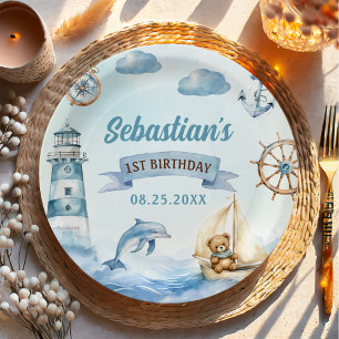 Ahoy Sailor Nautical Boat Blue 1. Geburtstag Pappteller