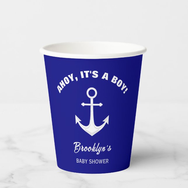Ahoy sein a Boy Trendy Baby Dusche Navy Blue White Pappbecher (Vorderseite)