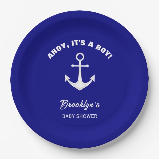 Ahoy sein a Boy Trendy Baby Dusche Navy Blue White Pappteller (Vorderseite)