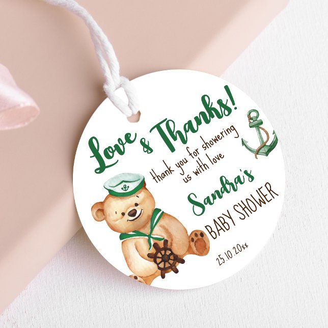 Ahoy sein ein Junge Teddy Bär Babydusche danke Geschenkanhänger (Ahoy it's a boy nautical marine baby shower favor gift tags cute teddy with a sailor cap green brown)