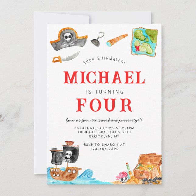 Ahoy Shipmates Treasure Hunt Ship Pirate Geburtsta Einladung (Vorderseite)