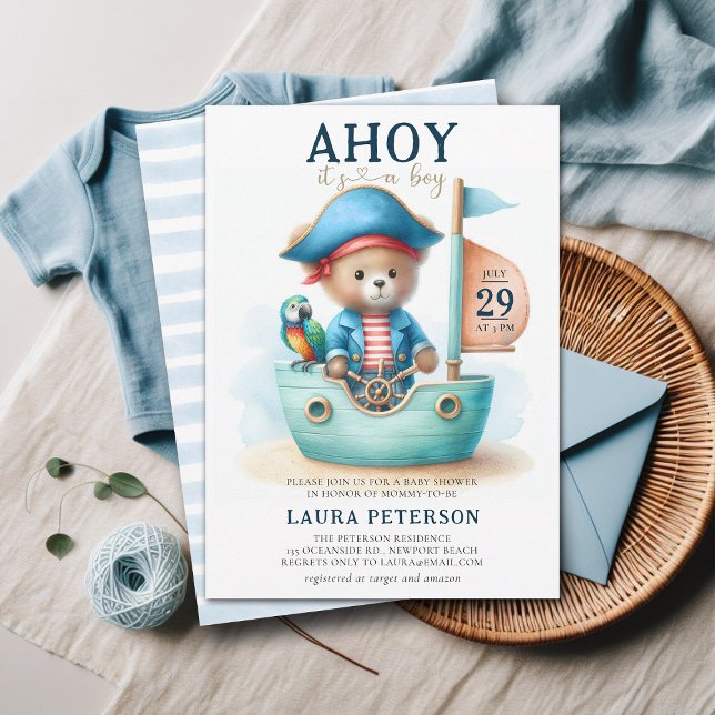 Ahoy Teddy Bear Pirate Captain Boy Baby Shower Einladung (ahoy boy baby shower invitation teddy bear pirate captain parrot boat cute watercolor character)