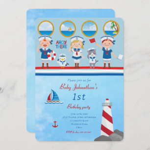 Ahoy There Red Blue White Sailors Lighthouse Boot Einladung