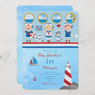 Ahoy There Red Blue White Sailors Lighthouse Boot Einladung