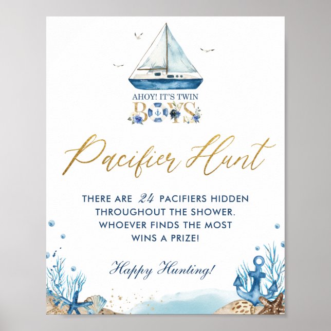 Ahoy Twin Boys Nautical Baby Shooter Schnuller Hun Poster (Vorne)