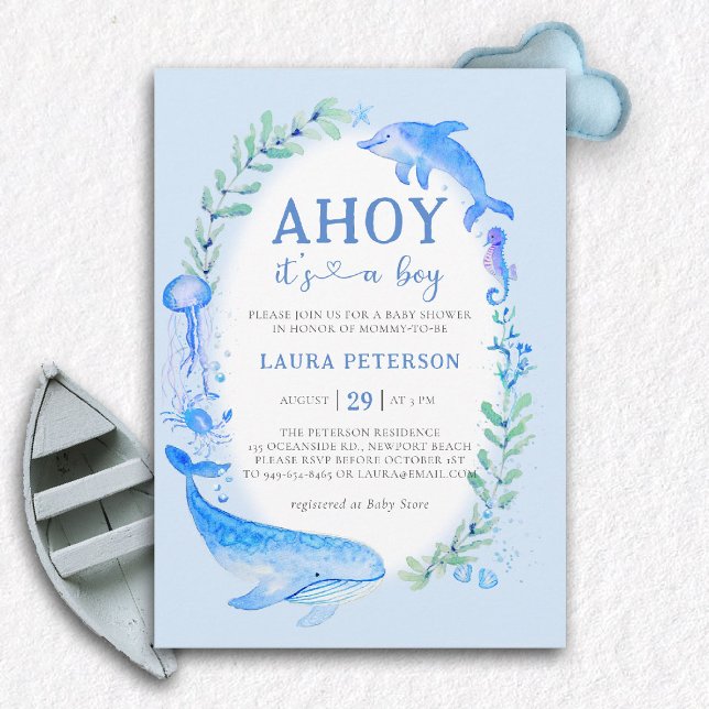 Ahoy Whale Dolphin Sea Nautical Boy Baby Dusche Einladung (ocean baby boy shower invitation ahoy under the sea whale dolphin blue watercolor modern nautical)