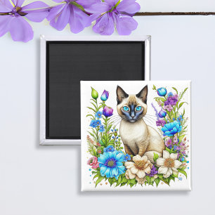 Ai-Aquarell-Siamesische Katze in Blumen Magnet