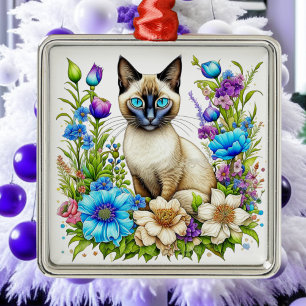 Ai-Aquarell Siamesische Katze in Blumen  Ornament Aus Metall