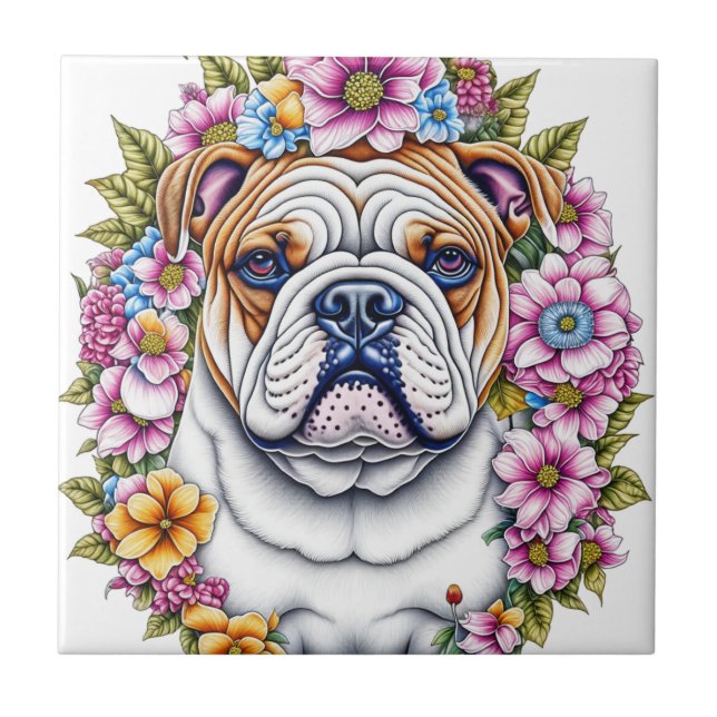 Ai Art Bulldog umgeben von Whimsikischen Blume Fliese (Vorderseite)
