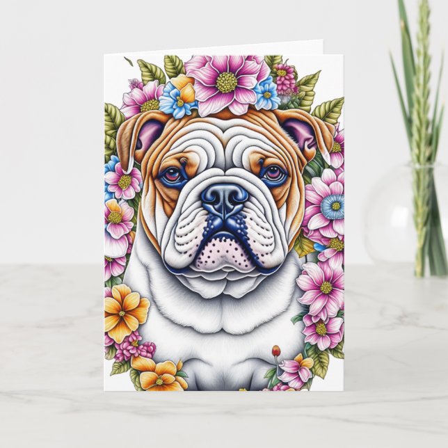 Ai Art Bulldog umgeben von Whimsikischen Blume Karte (Vorderseite)