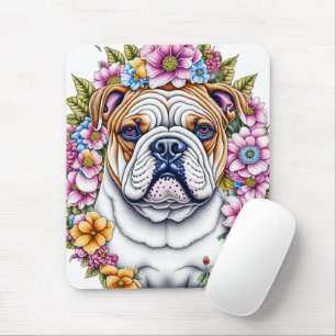 Ai Art Bulldog umgeben von Whimsikischen Blume Mousepad