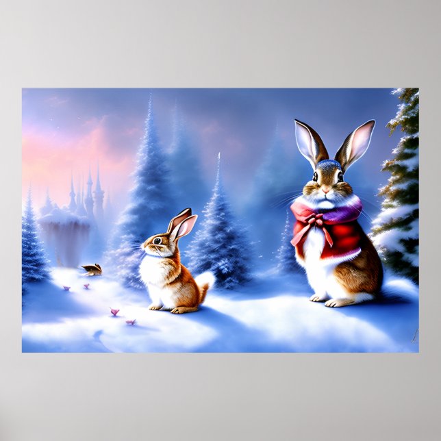 AI Art Fantasy Winterland mit liebevollen Rabbits Poster (Vorne)