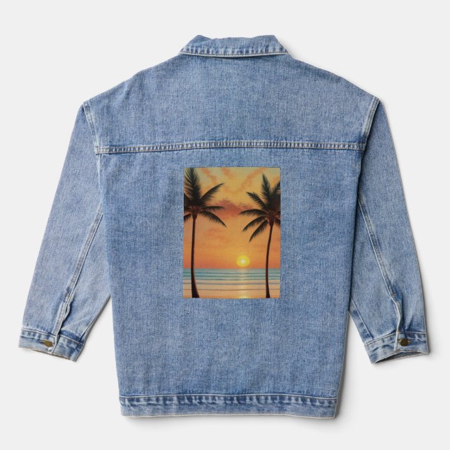 AI Art Morning Sunrise Beach Palmen Jeansjacke (Rückseite)